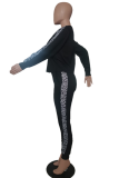Grey Casual Print Leopard Letter O Neck Long Sleeve Two Pieces