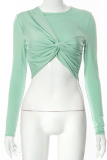 Blue Casual Solid Patchwork O Neck Tops