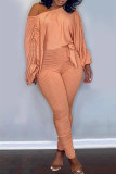 Orange Fashion Casual Solid Basic Oblique Collar Long Sleeve Two Pieces