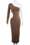 Brown Fashion Sexy Solid Hollowed Out Backless Oblique Collar Long Sleeve Dresses