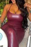 Burgundy Fashion Sexy Solid Backless Halter Skinny Jumpsuits