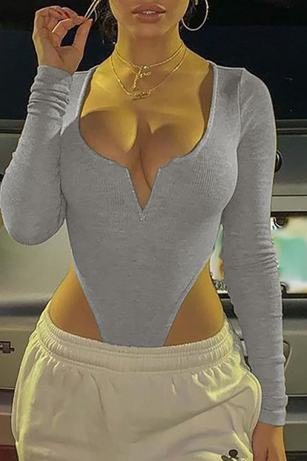 Grey Sexy Solid Patchwork V Neck Tops