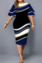 Deep Blue Fashion Casual Plus Size Print Patchwork O Neck Short Sleeve Dress