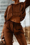 Dark Brown Casual Solid Patchwork Pocket Hooded Collar Long Sleeve Two Pieces
