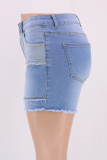 Baby Blue Fashion Casual Solid Split Joint High Waist Regular Denim Shorts