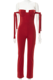 Burgundy Sexy Solid Patchwork Spaghetti Strap Skinny Jumpsuits