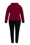 Burgundy Fashion Casual Solid Split Joint Hooded Collar Plus Size Two Pieces