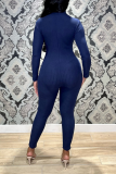 Blue Sexy Solid Split Joint Half A Turtleneck Skinny Jumpsuits