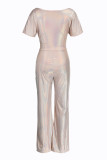 Gold Fashion street Solid Short Sleeve one shoulder collar Jumpsuits