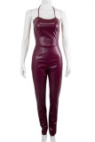 Burgundy Fashion Sexy Solid Backless Halter Skinny Jumpsuits