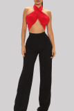 Red Fashion Sexy Solid Bandage Backless Halter Tops