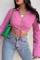 Pink Casual Solid Split Joint Turndown Collar Tops