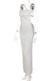 White Sexy Solid Chains Backless Spaghetti Strap Trumpet Mermaid Dresses