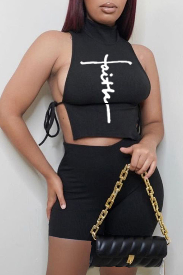 Black Fashion Casual Print Bandage Turndown Collar Sleeveless Two Pieces