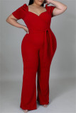 Red Fashion Casual Solid Basic V Neck Plus Size Jumpsuits