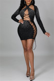 Black Fashion Sexy Patchwork Hot Drilling Bandage Hollowed Out Halter Long Sleeve Dresses