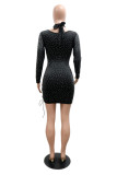 Black Fashion Sexy Patchwork Hot Drilling Bandage Hollowed Out Halter Long Sleeve Dresses