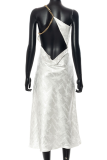 White Sexy Animal Print Chains Backless Halter Waist Skirt Dresses