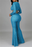 Blue Fashion Sexy Patchwork Sequins Strap Design V Neck Long Sleeve Two Pieces