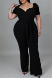 Black Fashion Casual Solid Basic V Neck Plus Size Jumpsuits