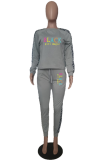 Grey Casual Print Leopard Letter O Neck Long Sleeve Two Pieces