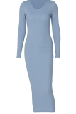 Blue Casual Solid Patchwork O Neck Pencil Skirt Dresses