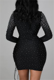 Black Fashion Sexy Patchwork Hot Drilling Bandage Hollowed Out Halter Long Sleeve Dresses