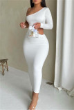 Pink Fashion Sexy Solid Hollowed Out Backless Oblique Collar Long Sleeve Dresses