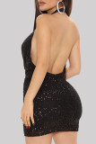 Black Fashion Sexy Plus Size Patchwork Sequins Backless Halter Sleeveless Dress
