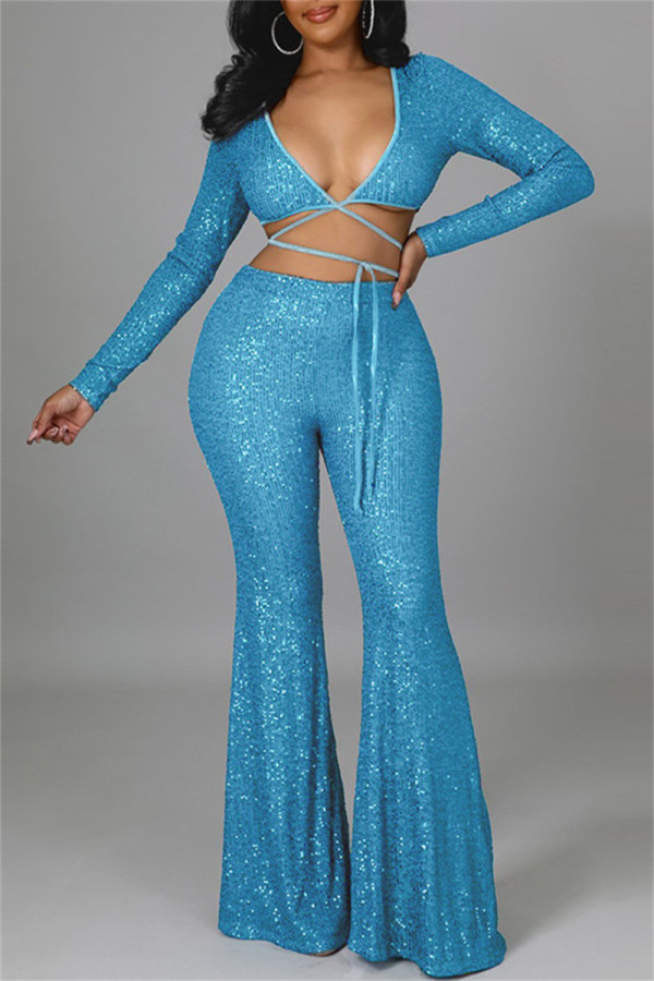 Blue Fashion Sexy Patchwork Sequins Strap Design V Neck Long Sleeve Two Pieces