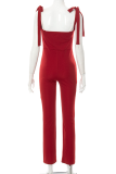 Burgundy Sexy Solid Patchwork Spaghetti Strap Skinny Jumpsuits