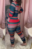 Red Casual Fiber Striped Print Pants O Neck Skinny Jumpsuits