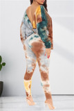 Army Green Fashion Casual Print Tie Dye Backless O Neck Long Sleeve Two Pieces