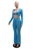 Blue Fashion Sexy Patchwork Sequins Strap Design V Neck Long Sleeve Two Pieces