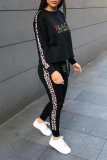Grey Casual Print Leopard Letter O Neck Long Sleeve Two Pieces