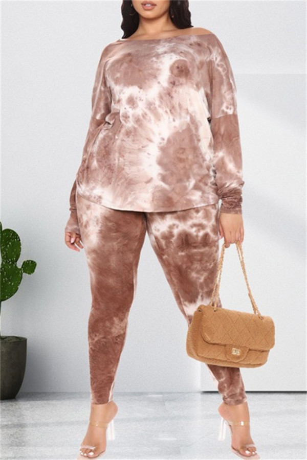 Light Coffee Fashion Casual Print Tie Dye Backless O Neck Long Sleeve Two Pieces