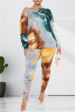 Army Green Fashion Casual Print Tie Dye Backless O Neck Long Sleeve Two Pieces