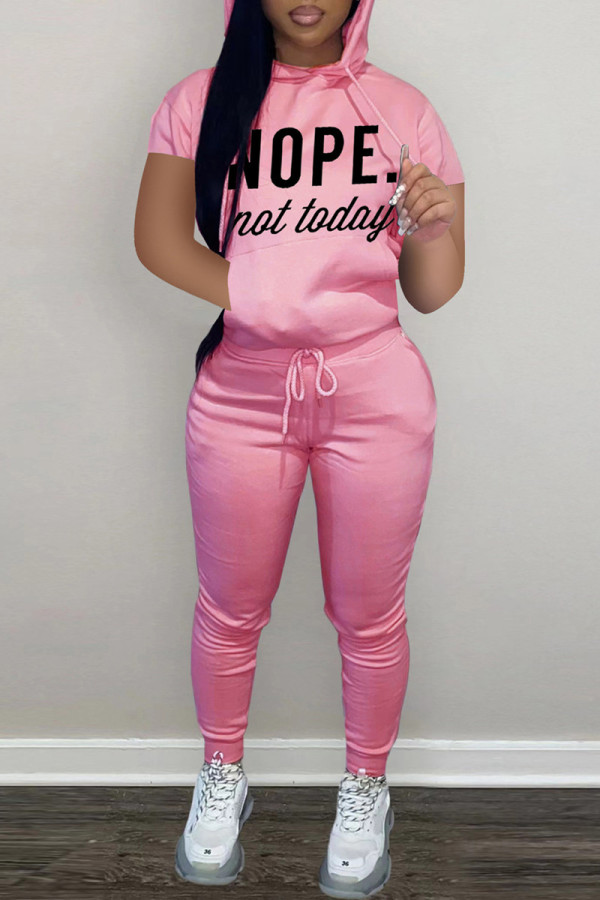 Pink Fashion Casual Letter Print Basic Hooded Collar Long Sleeve Two Pieces