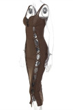 Black Sexy Solid Hollowed Out Patchwork Backless V Neck Sling Dress