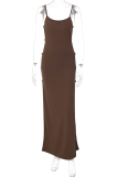 Coffee Sexy Solid Slit Spaghetti Strap Pencil Skirt Dresses
