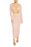 Khaki Fashion Sexy Solid Hollowed Out Sheath Dresses