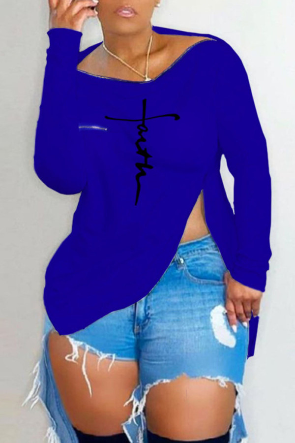 Blue Casual Street Print Patchwork Asymmetrical Zipper Off the Shoulder Tops