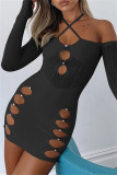Black Sexy Patchwork Solid Hollowed Out Backless Off the Shoulder Long Sleeve Dresses