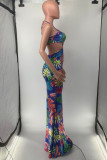Blue Fashion Sexy Print Bandage Backless Spaghetti Strap Long Dress