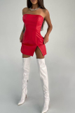 Red Sexy Solid High Opening Strapless Pencil Skirt Dresses