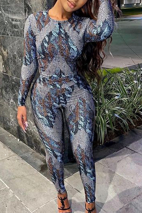Grey Sexy Print Patchwork O Neck Long Sleeve Two Pieces