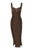 Black Sexy Solid Hollowed Out Patchwork Backless V Neck Sling Dress