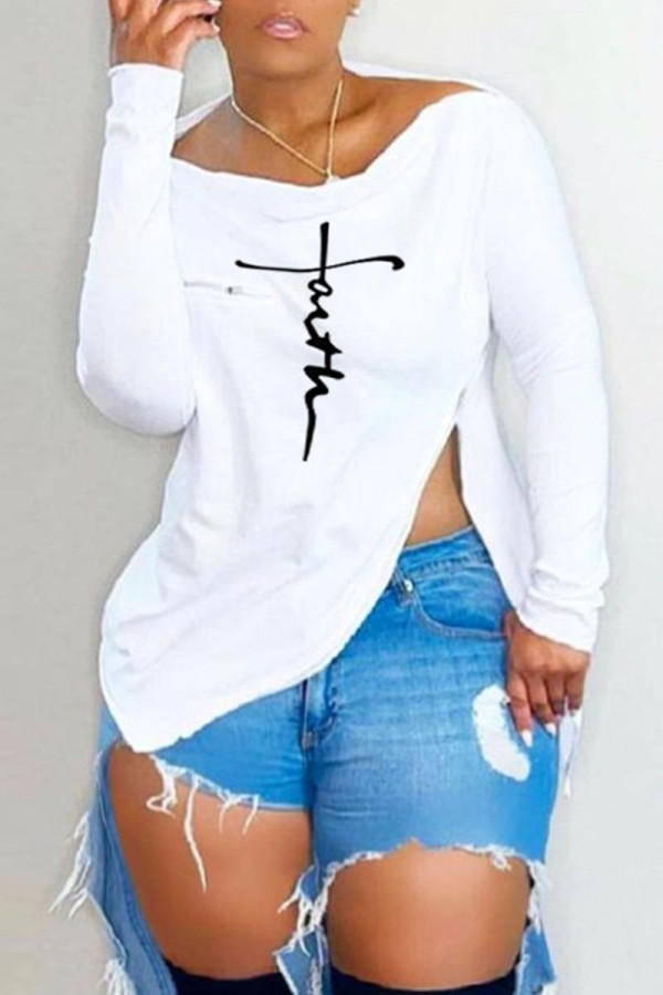 White Casual Street Print Patchwork Asymmetrical Zipper Off the Shoulder Tops