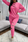 Pink Fashion Casual Solid Patchwork Zipper O Neck Long Sleeve Two Pieces