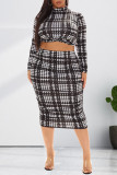 Black Fashion Casual Print Basic Half A Turtleneck Long Sleeve Two Pieces